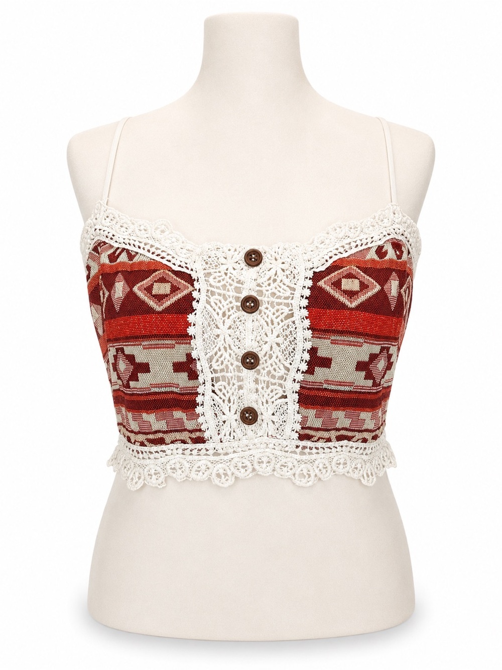 gimmicks by BKE Red Aztec Crochet-Trim Spaghetti Strap Crop Top